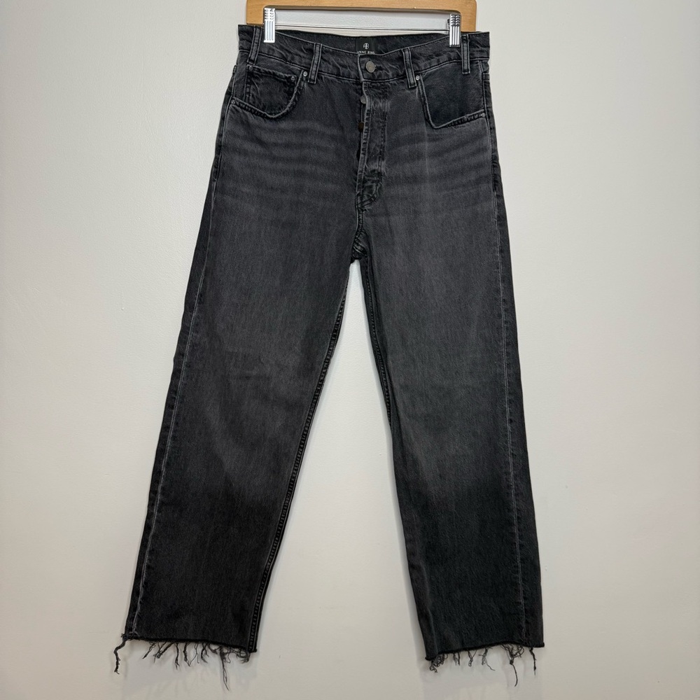 ANINE BING High Rise Straight Leg Button Fly Jeans Faded Black Raw Hem Size 29